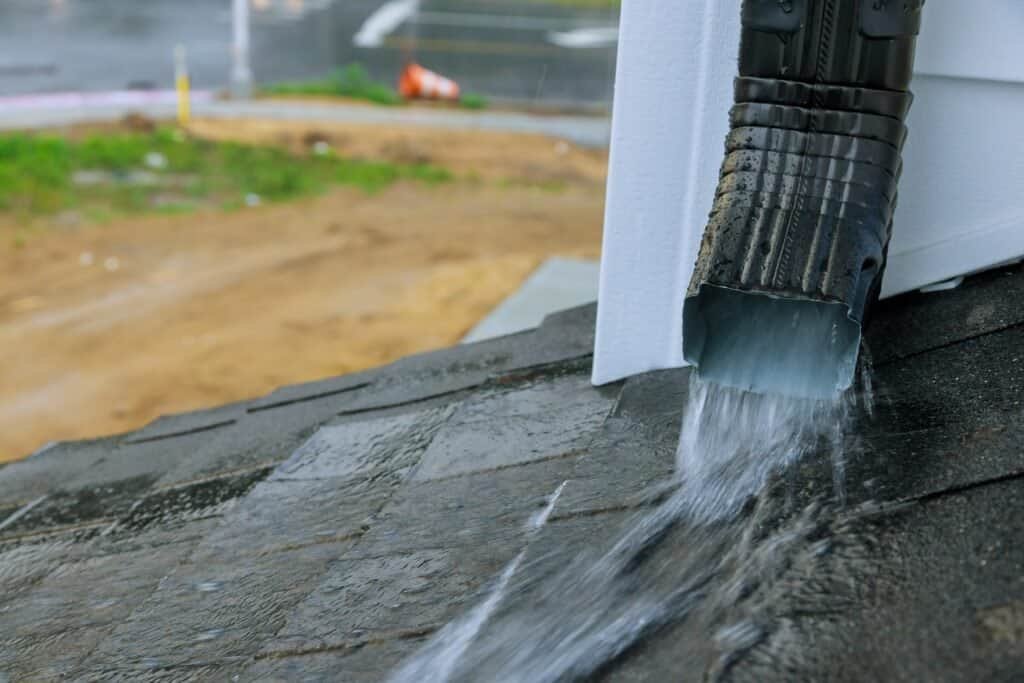 High-quality gutter downspout directing water off a residential roof.